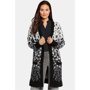 NWT NYDJ Jacquard Long Open Front Cardigan Heather Gray Black Animal Print